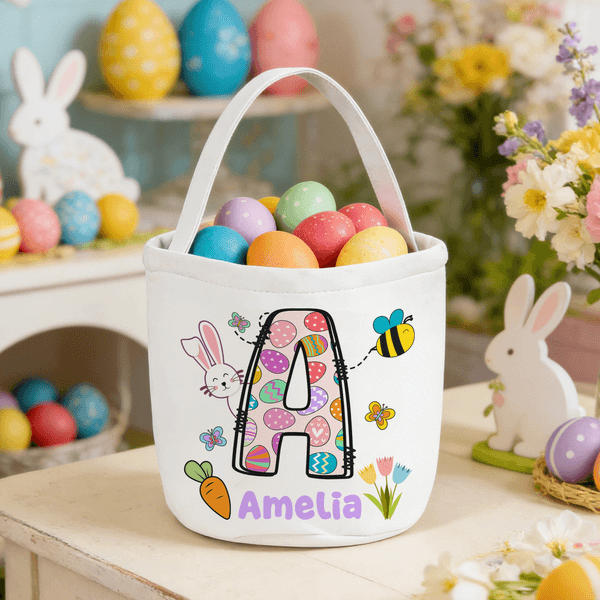 Henkilökohtainen pääsiäispupu Initial Canvas pääsiäiskori nimellä Egg Hunting tarvikkeet pääsiäislahja lapsille