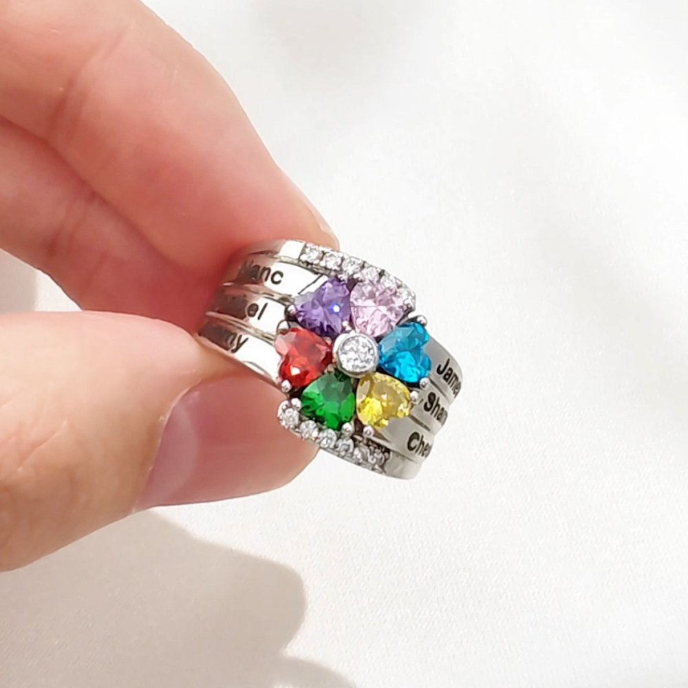 Personalized Heart Assortment 1-8 Birthstones Sterling Silver Ring with Engraved Name and Text Mother's Day Birthday Valentine's Day Gift for Woman 5
