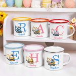 Personalised Cute Excavator Bunny Ears Easter Eggs 12 oz Enamel Mug with Name and Initial Daily Use Easter Party Gift for Boys Girls