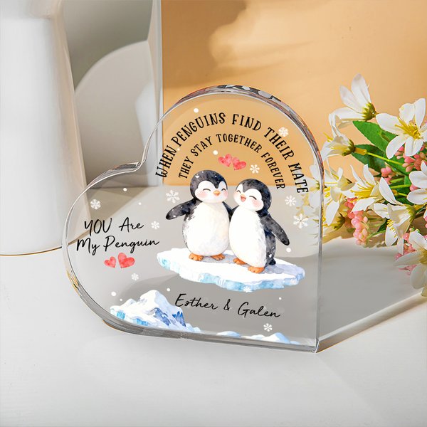 Heart Acrylic Plaque Penguin Design Personalized Name Valentine's Day Gift for Couples