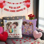 Personalized Cute Cartoon Couple Multicolor Throw Pillow Cover with Name Home Decor Valentine's Day Anniversary Gift for Couples