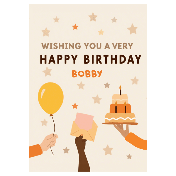 Hand Held Balloon Envelope and Cake Birthday Ecard