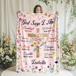 Personalised Birth Flower God Says I Am Bible Soft Throw Blanket with Name Birthday Baptism Gift for Christians Family Friends