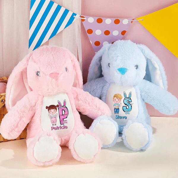 Personalised Cute Cartoon Design Plush Easter Bunny Stuffed Toy with Initial and Name Easter Gift for Newborns Kids