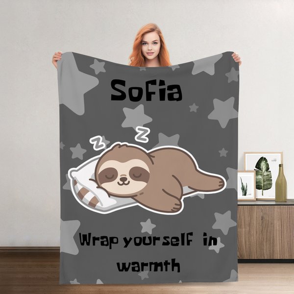Personalized Multicolour Cute Sloth Design Soft Throw Blanket with Name and Text Mother's Day Birthday Christmas Gift for Kid Her