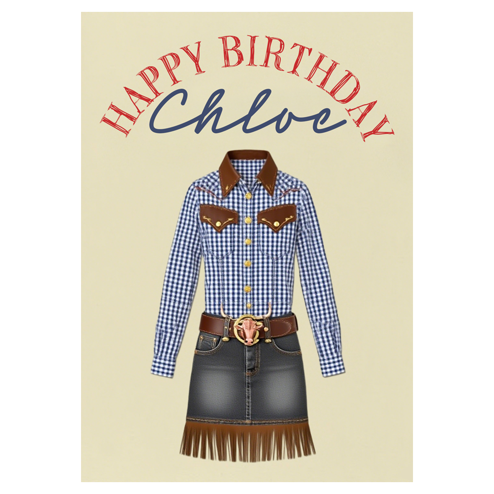Western Gingham Shirt and Fringe Skirt Birthday Ecard
