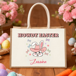 Personlig HOWDY EASTER Bunny Bow Jute Toteväska med stor kapacitet och namn Tillbehör för äggjakt Påskpresent till barn