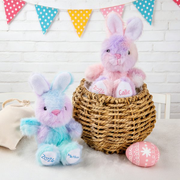 Giocattolo di peluche coniglietto di peluche personalizzato con nome e anno, riempitivo per cesto pasquale e regalo di compleanno per bambini