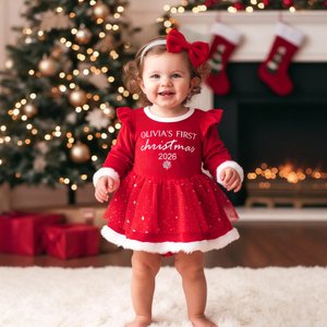 Gepersonaliseerde Baby Girl Red Tutu Dress Strik Hoofdband Outfit met Naam en Jaar Feest Outfit Kerstcadeau voor Babymeisjes