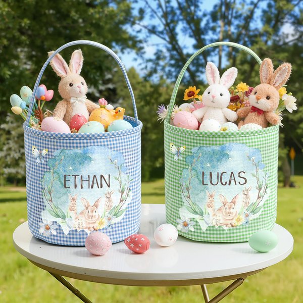 Personalized Cute Flower Rabbit Butterfly Plaid Easter Basket with Name Easter Eggs Hunting Party Favor Gift for Boys Girls