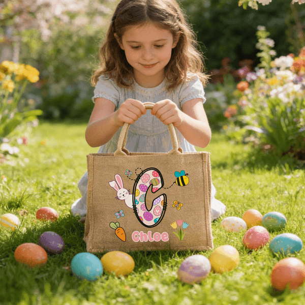 Personalised Easter Egg Initial Cute Bunny Jute Tote Bag with Name Easter Egg Hunting Easter Party Favors Gift for Kids
