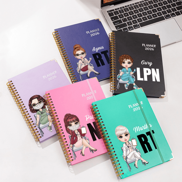 Personalized Cartoon Medical Character 2026 Planner A5 Spiral Notebook with Name and Weekly Monthly Planner Pages Birthday Gift for Nurse Doctor