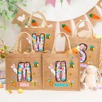 Personalised Easter Egg Initial Cute Bunny Jute Tote Bag with Name Easter Egg Hunting Easter Party Favors Gift for Kids