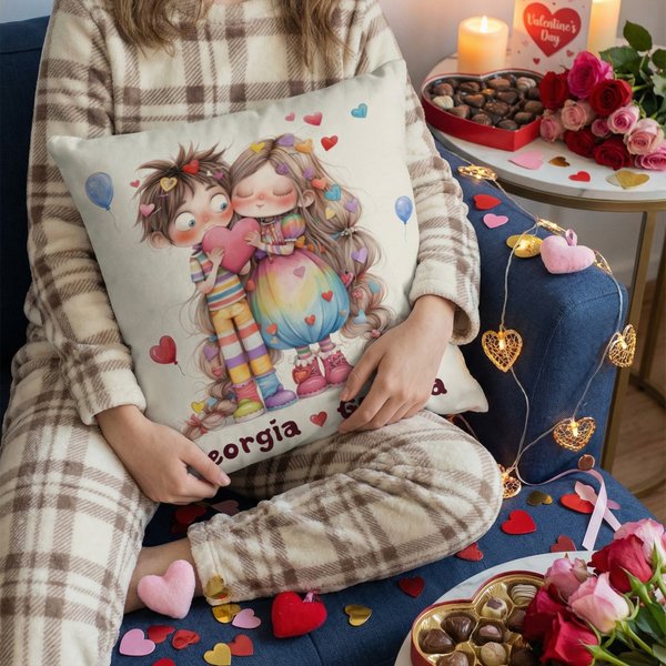 Personalised Cute Cartoon Couple Multicolour Cushion Cover with Name Home Decor Valentine's Day Anniversary Gift for Couples