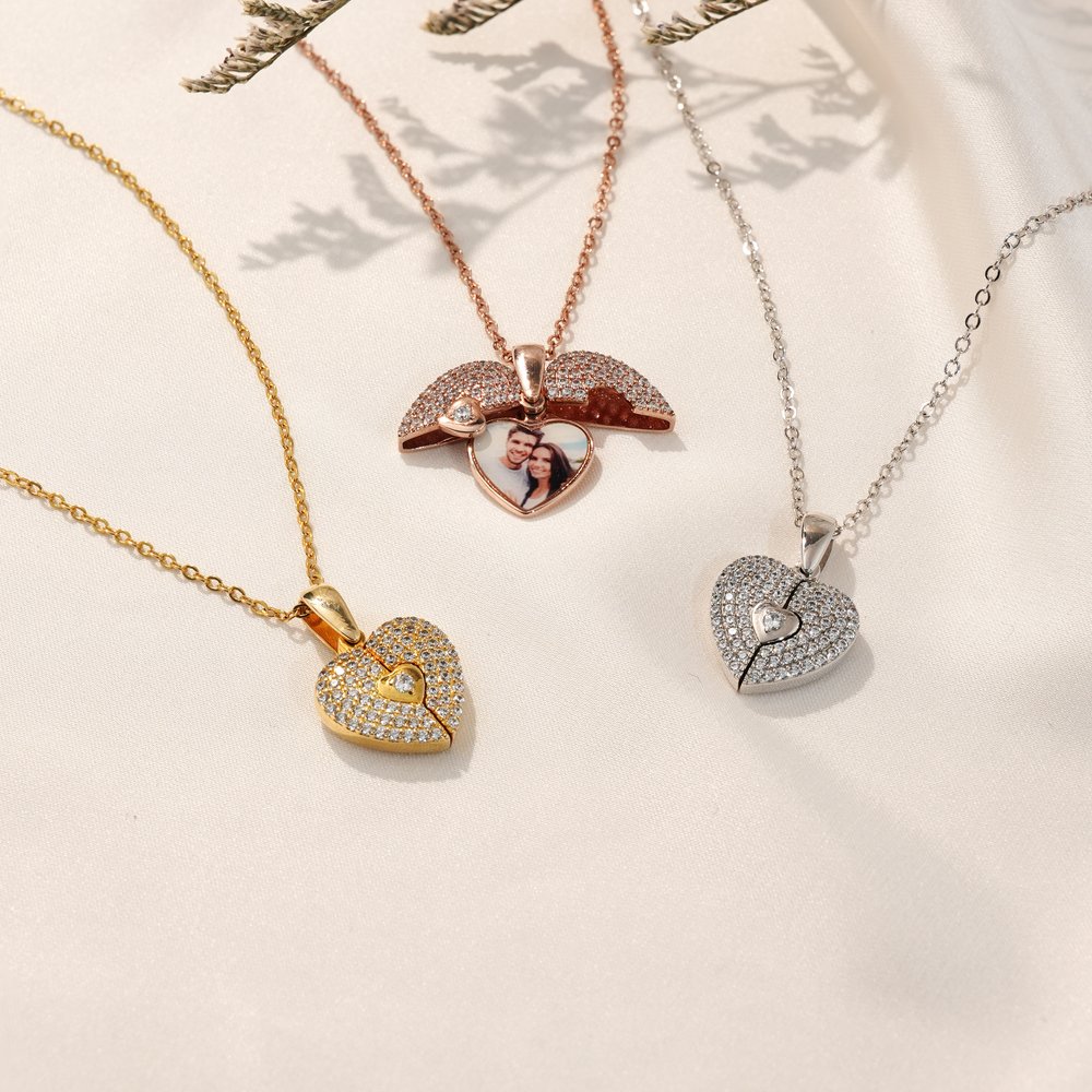 Henkilökohtainen Cubic Zirkoni Pave Photo Heart Locket Sterling Silver kaulakoru Dainty Korut vuosipäivä Ystävänpäivä lahja naisille 1