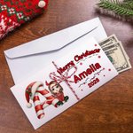 Gepersonaliseerde cartoon karakter kerstmuts initiële kaart portemonnee met naam jaar en envelop voor contant geld kerstcadeau voor familie kinderen