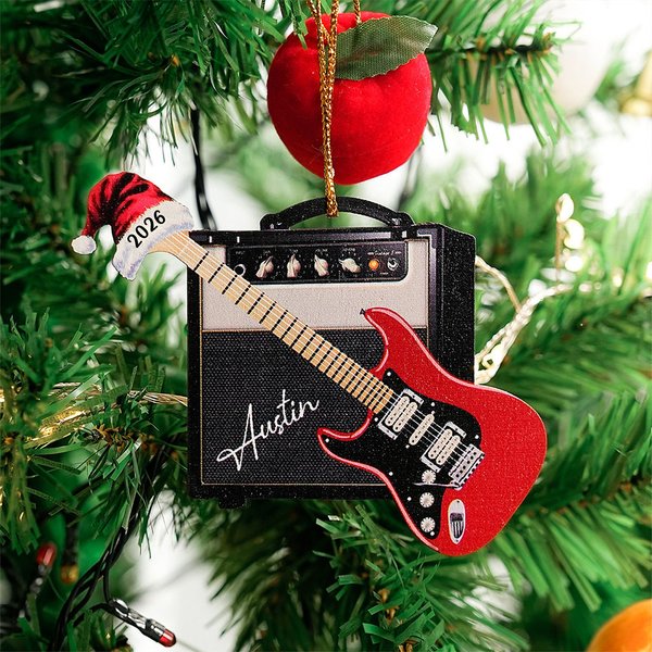 Personlig 3D-effekt Retro Guitar Amp Santa Hat Ornament med namn och år Semesterdekoration Julklapp för gitarrister Gitarrälskare