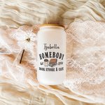 Personalisierte Homebody Book Store & Cafe Name 20 oz Glasbecher mit Deckel und Strohhalm Book Club Geburtstagsgeschenk für Bücherwürmer