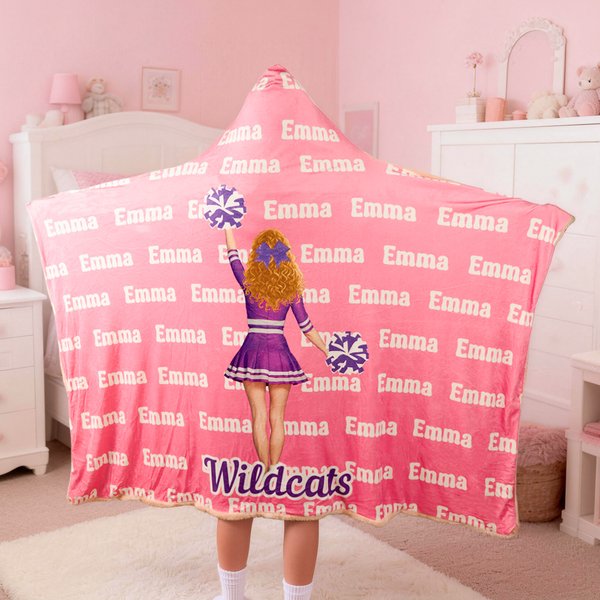 Personalised Cartoon Cheerleading Girl's Back Soft Hooded Blanket with Name and Team Name Game Day Senior Night Team Gift for Cheerleaders