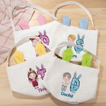 Personalized Cute Cartoon Kid Character Bunny Ears Easter Basket with Initial and Name Easter Egg Hunt Party Favors Birthday Gift for Boys Girls