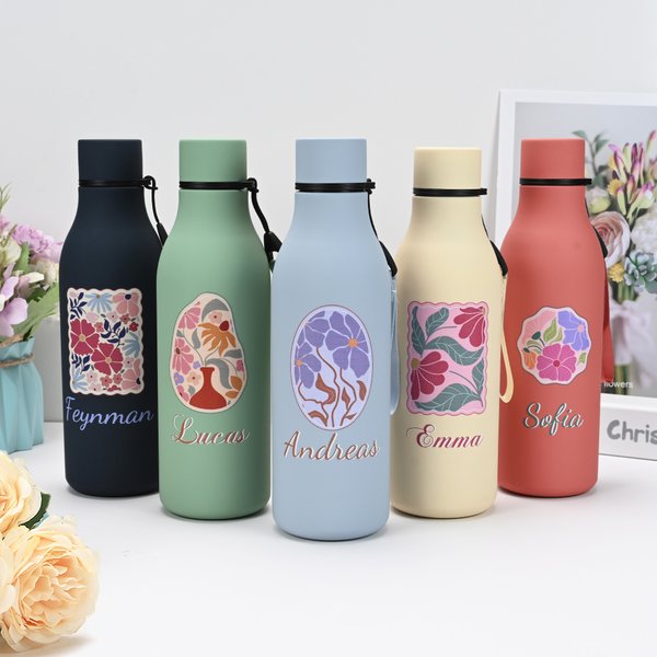 Personalized Watercolour Floral Multicolour 18.5 oz Insulated Water Bottle with Carrying Rope and Spill-Proof Lid Birthday Gift for Friends Family