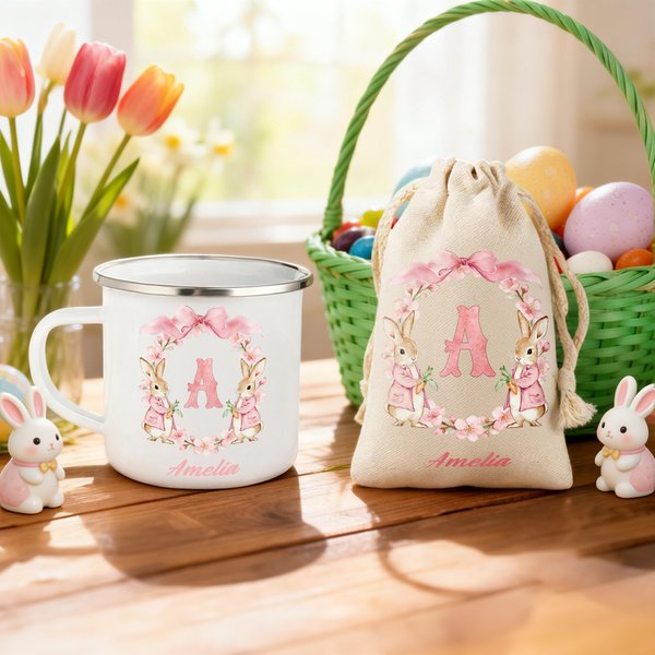 Tasse en émail 355 ml personnalisée avec initiale et nom - Sac à cordon optionnel - Cadeau d'anniversaire Pâques pour les enfants