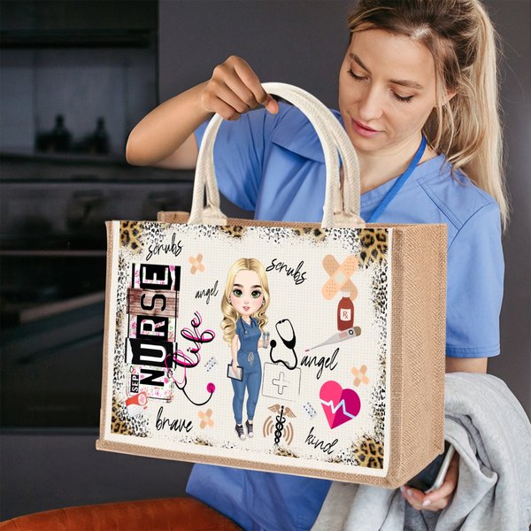 Personalised Cartoon Medical Character Large Jute Bag Graduation Birthday Gift for Nurse Doctor Medical Staff