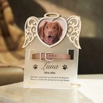 Personlig hjärt-ängelvingar katt hund foto frostad akrylplatta med krage ram och text minnesmärke husdjur förlust gåva för husdjursälskare
