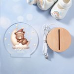 Personalized Moon Stars Cute Sleeping Animals LED Night Light with Name Date and Wooden Base Nursery Decor Birthday Baby Shower Gift for Kid