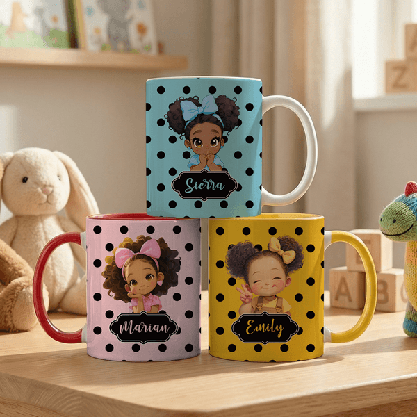 Personalised Cartoon Black Girl 11 oz 15 oz Ceramic Coffee Mug with Name and Coaster Daily Use Birthday Gift for Girls
