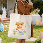 Personalized Wreath Bunny Highland Cow Easter Animal Butterfly Canvas Tote Bag with Name Daily Use Easter Day Gift for Boys Girls
