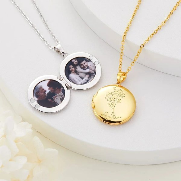 Collar relicario personalizado de flor de nacimiento con foto y nombre grabado regalo de cumpleaños y aniversario para mujeres