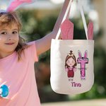 Personalized Cute Cartoon Kid Character Bunny Ears Easter Basket with Initial and Name Easter Egg Hunt Party Favors Birthday Gift for Boys Girls