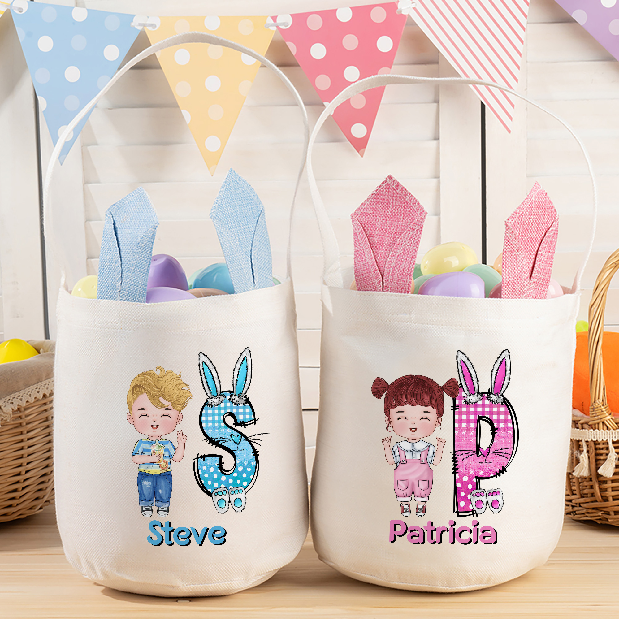 Personalisierte niedlichen Cartoon Kind Charakter Hasenohren Osterkorb mit Initialen und Namen Ostereierjagd Party Favors Geburtstagsgeschenk für Jungen Mädchen