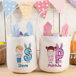 Personalized Cute Cartoon Kid Character Bunny Ears Easter Basket with Initial and Name Easter Egg Hunt Party Favors Birthday Gift for Boys Girls