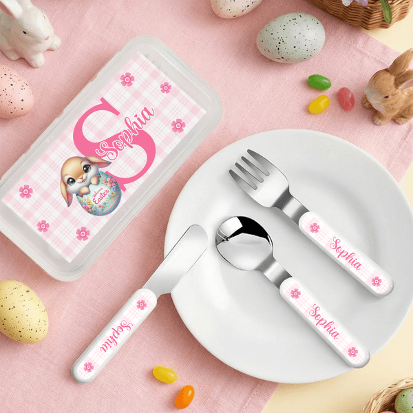 Personalised Easter Egg Animal Safe Stainless Steel Kid's Fork Spoon Knife 3 Pcs Cutlery Set with Name and Case Easter Gift for Kids