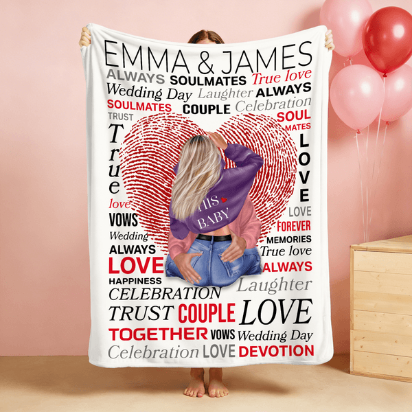Personalized Cartoon Character Heart Fingerprint Vow Word Cloud Soft Throw Blanket with Couple Name Home Decor Valentine's Day Gift for Couple