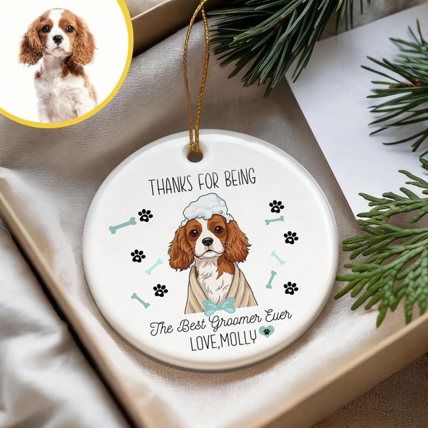 Personalised Dog Bone Paw Cartoon Pet Photo Round Ceramic Ornament with Name Birthday Home Decor Gift for Pet Groomer Lover