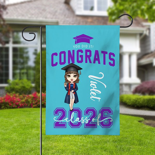 Personalizzato Congrats You Did It Grad Hat Personaggio dei cartoni animati Bandiera da giardino con nome Festa di famiglia Decor Regalo di laurea per i laureati della classe 2025