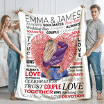 Personalized Cartoon Character Heart Fingerprint Vow Word Cloud Soft Throw Blanket with Couple Name Home Decor Valentine's Day Gift for Couple