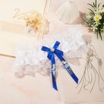 Personalised Something Blue Elasticity Pearl Lace Bowknot Garter with Name and Date Wedding Gift for the Bride
