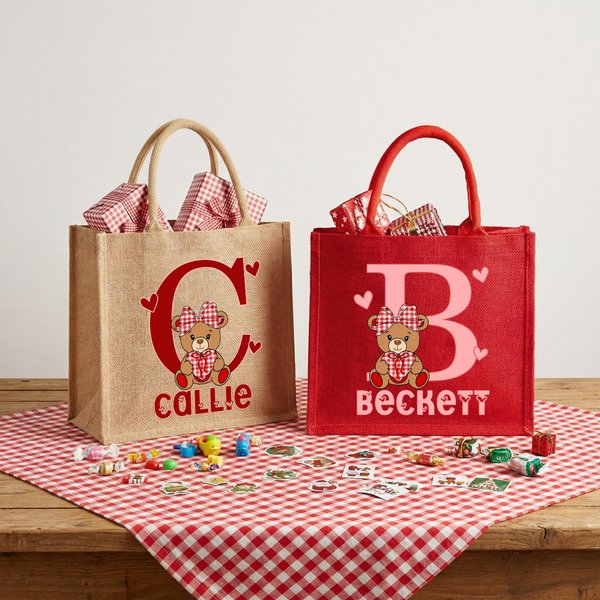 Personalized Plaid Teddy Bear Heart Design Large Jute Tote Bag with Name Daily Use Valentine's Day Birthday Gift for Couples Kids