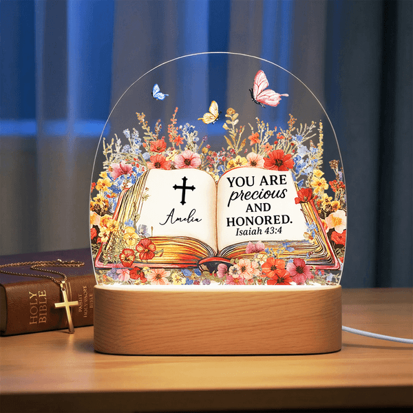 Personalised Bible Verse Floral LED Night Light with Name and Wooden Base Room Decor Christian Birthday Gift for Christian Kid