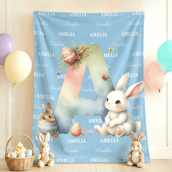 Personalised Cute Easter Bunny Egg Soft Throw Blanket with Name and Initial Home Decor Easter Party Gift for Kids