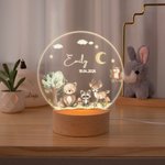Personalised Cute Forest Animals Star Moon Name Text LED Night Light with Wooden Base Nursery Decor Baby Shower Birthday Gift for Kids
