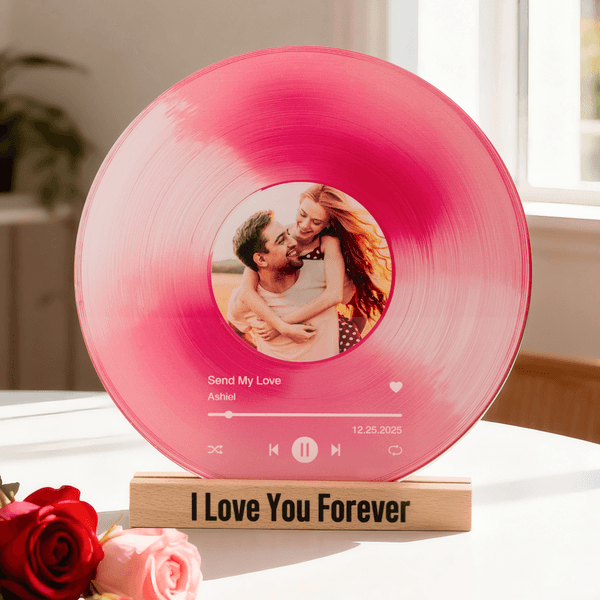 Personalized NFC Multicolor Record Style Acrylic Ornament with Text and Wooden Base Valentine's Day Anniversary Birthday Gift for Couple