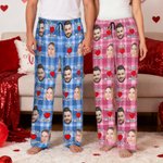 Gepersonaliseerde Heart Couples Gezichtsfoto's Lange Pyjamabroek met Naam en Koord Valentijnsdag Verjaardagscadeau voor Vrouwen Mannen Paren