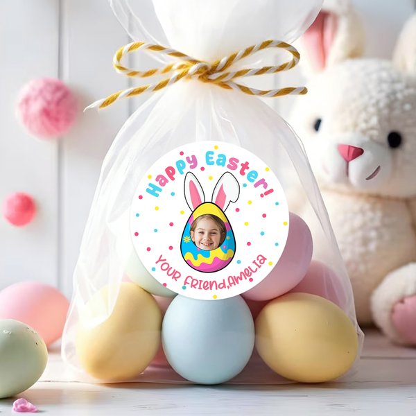 Set de 2 étiquettes autocollantes imperméables avec nom et photo pour les oeufs de lapin décorés pour la fête de Pâques pour la famille et les enfants