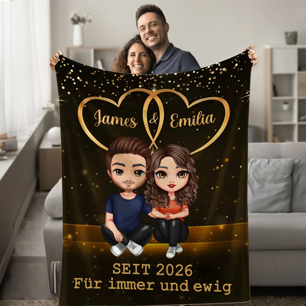 Personalisierte Cartoon Liebespaar Sternenhimmel Doppelherz Weiche Decke mit Namen Jahr Text Haus Deko Valentinstag Jahrestag Geschenk für Paare