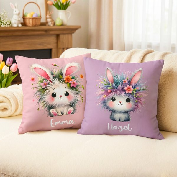 Personalised Cute Rabbit Multicolour Cushion Cover with Name Home Decor Birthday Gift for Boys Girls